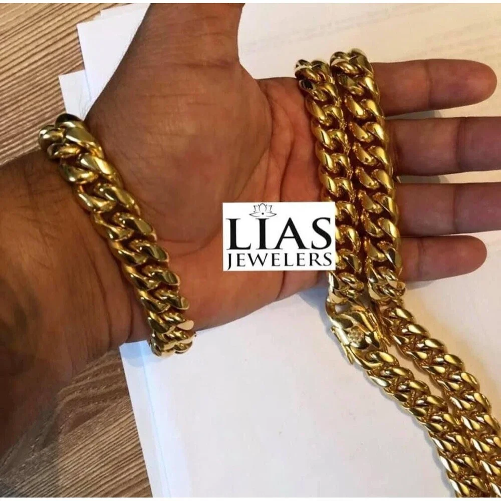 New 18k yellow gold filled cuban link chain and bracelet set